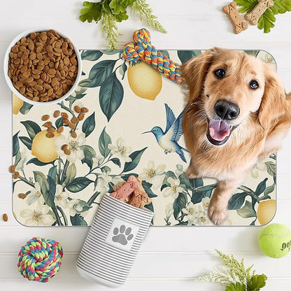 Hummingbird Dog Food Mat for Floors,Vintage Lemon Absorbent Quick-Dry Pet Feeding Mat,Cat Dog Bowl Mats for Food and Water,Non-Slip Pet Accessories Supplies 12"x20"