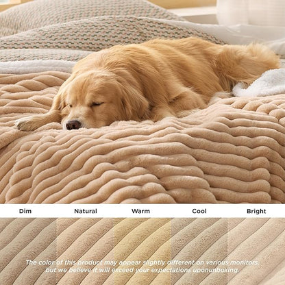 Bedsure ComfyFleece™ Waterproof Dog Blankets for Large Dogs - Soft Pet Cat Blanket Corduroy Fleece for Couch Bed Protector Washable, Cozy Calming Reversible Furniture Protection,50"x60", Tuscan Beige