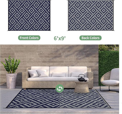 GENIMO Outdoor Rug for Patio Clearance, 6'x9' Waterproof Camping Mat, Reversible Plastic Straw Rugs for RV, Camper, Balcony, Backyard, Picnic, Deck (Blue & Grey)