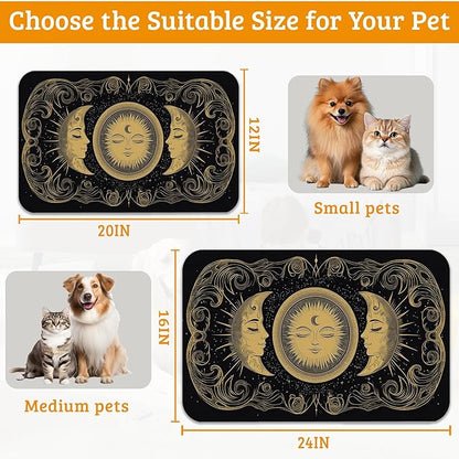 Dog Bowl Mat,Moon Sun Pet Feeding Mat for Floors Waterproof,Boho Vintage Absorbent Dogs Placemat for Food and Water Quick Dry Pet Cat Feeding Mats with Non Slip Bottom 16" x 24"