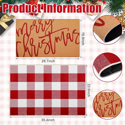Tinideya 2 Pcs Door Mat Welcome Non Slip Coir Mats Floor Layering Doormats Seasonal for Front Porch Entryway Decor (23.6 x 35.4 Inches, Red White Plaid, Red White)