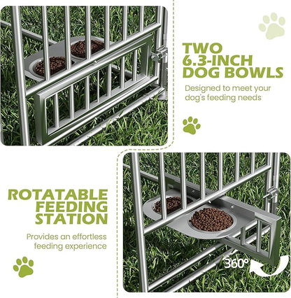 13FT x 13FT Outdoor Dog Kennel with Roof, Outside Dog Run Fence with Rotated Dog Bowls, Large Dog House Pen Enclosure with Secure Lock&Textilene Door