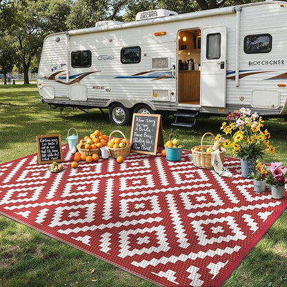 GENIMO Outdoor Rug for Patio Clearance, 6'x9' Reversible Plastic Straw Rugs, Lightweight Waterproof RV Camping Mat for Camper, Balcony, Deck, Backyard, Picnic, Red White
