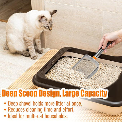 Cat Litter Scoop Stainless Steel Mesh Scooper with Long Handle, Deep Shovel Non-Stick Coated Metal for Box Kitten Pooper Lifter, Regular Scoop, Sifting Poop, Non-Slip Grip, Easy Clean, Hole: 2.8mm