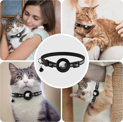 Vanjua 2 Pack Airtag Cat Collar Breakaway with Bell, Reflective Kitten Collar with Air Tag Cat Collar Holder Case for Girl Boy Cats, Pet Supplies Accessories (Black A+Black B)