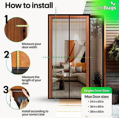 UnBugs Magnetic Screen Door - Fits Doors up to 36 x 82 Inches MAX - Pet & Kid Friendly, Self-Closing - Hands Free Magnet Closure Keeps Bugs Out & Breeze in
