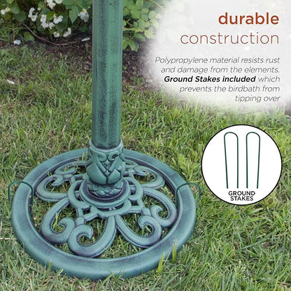 Alpine Corporation TEC116 Outdoor Aged Green Pedestal Birdbath with Scrollwork, 28" Tall, Green