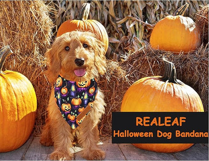 Realeaf Halloween Dog Bandanas 2 Pack, Pumpkins and Ghosts Pet Scarf for Boy and Girl, Premium Durable Fabric, Holiday Bandana for Medium and Large Dogs Pets (Large)