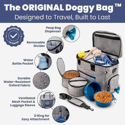 The Original Doggy Bag™ - Complete Dog Travel Bag for Supplies with 2 BPA-Free Travel Dog Bowls & 2 Pet Food Containers - Traveling Kit for Road Trips, Camping, Weekend Away or Doggy Gift: Grey