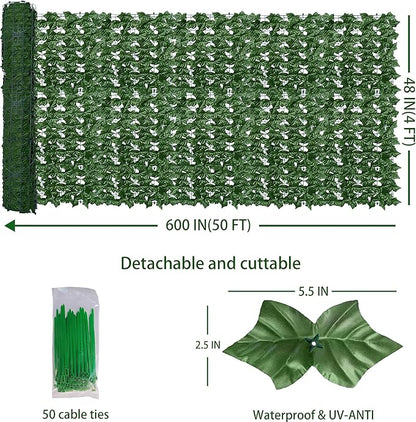 Artificial Fence Privacy Screen: 4FT x 50FT UV-Anti Faux Greenery Backdrop Ivy Chain Link Shades Panels for Patio, Balcony, Garden,Deck,Backyard Indoor Outdoor Green Wall Decor