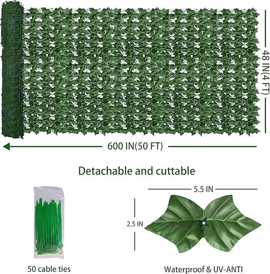 Artificial Fence Privacy Screen: 4FT x 50FT UV-Anti Faux Greenery Backdrop Ivy Chain Link Shades Panels for Patio, Balcony, Garden,Deck,Backyard Indoor Outdoor Green Wall Decor