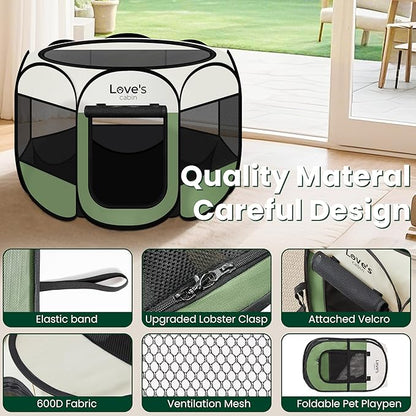 Love's cabin Pet Puppy Dog Playpen, Large Dog Tent Crates Cage Indoor/Outdoor, Portable Playpen for Cat, Foldable Pop Up Dog Kennel Playpen with Carring Case, Removable Zipper Top, Olive Green