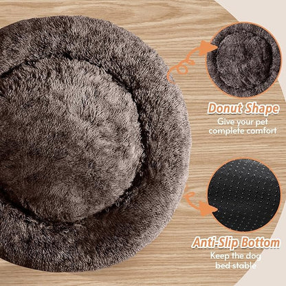 JOLLYVOGUE Calming Dog Bed Medium Size Dog, Anti-Anxiety Donut Medium Pet Bed, 31 inches Fluffy Faux Fur Round Cat Bed, Fits up to 45 lbs Pets