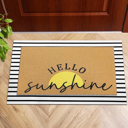 Tinideya 2 Pcs Summer Sunshine Door Mat Yellow Welcome Non Slip Coir Mats Stripe Floor Layering Doormats Seasonal for Front Porch Entryway Decor(Sunshine)