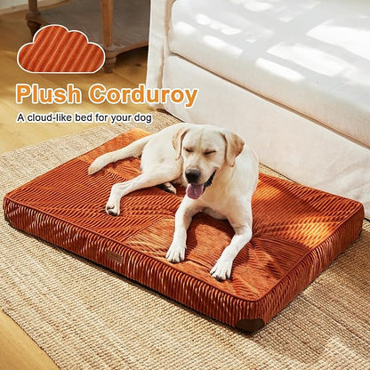 FFUKUMARU Dog Bed, Thickened Corduroy Orthopedic Dog Beds with Washable Cover, XL Waterproof Dogs Bed for Crate, 28D Egg Crate Foam Support Pet Mat, Cozy Pet Bed Pad with Anti-Slip Bottom, Orange