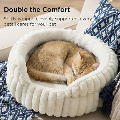 Bedsure ComfyFleece™ Small Cat Bed, Washable Round Cute Pet Beds for Indoor Cats, Super Soft Corduroy Kitten Bed with Anti-Slip Bottom, 20''x20''x8'', Cream