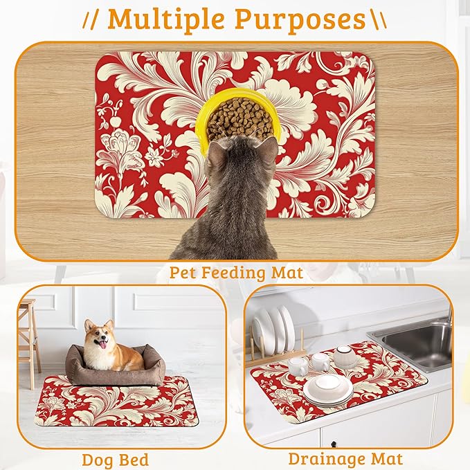 Red White Flower Feeding Mat,Paisley Absorbent Quick-Dry Cat Dog Food and Water Bowl Mats,Non-Slip Rubber Backing Mat,Cat Dog Accessories Supplies 12" x 20"