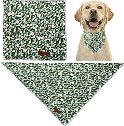 Summer Bandana - Cute Pet Bandana with Flower Pattern, Adjustable Green Puppy Bib, Washable Triangle Dog Scarf for Boy, Girl Dogs or Cats
