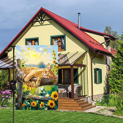 Spring Summer Garden Flag 12x18 inches Double Sided Sleeping Orange Tabby Cat Banner for Porch Yard Patio Spring Summer Home Decorations