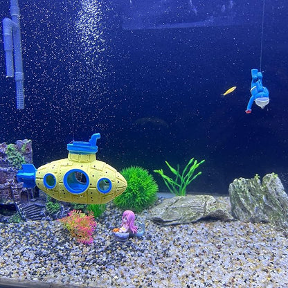 Floating Fish Tank Decoration, LittleCute Retro Submarine AquariumDecoration with Two Float Balls,Resinous Fish Tank Accessorie