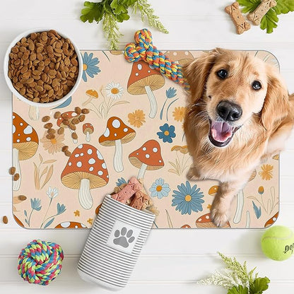 Cute Mushroom Flower Dog Cat Food Mat,Absorbent Pet Feeding Mat with Rubber Backing,Non-Slip Water Bowl Placemat,Indoor Pet Accessories Supplies 16"x24"