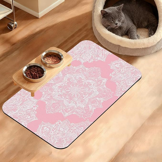 Pet Feeding Mat,Boho Mandala Absorbent Dog Cat Food Mat Pink Flower Dog Mat with Rubber Backing,Non-Slip Water Bowl Placemat,Pet Supplies 12" x 20"
