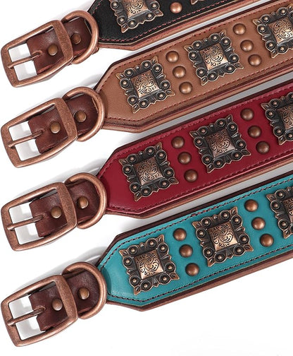 PET ARTIST Genuine Leather Dog Collar for Large Dogs, 2 inch Wide Luxury Dog Collar with Rivet Studded & Metal Buckle, Comfortable & Stylish Pet Collars for Great Dane Rottweiler,Green,Neck 22-25"