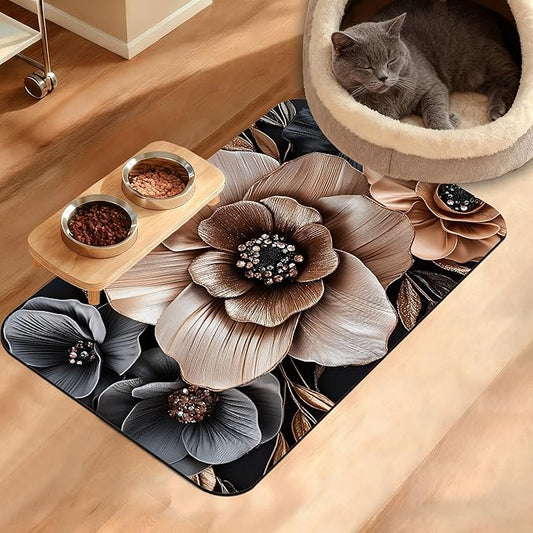 Black Brown Flower Feeding Mat,Artistic Absorbent Quick-Dry Cat Dog Food and Water Bowl Mats,Non-Slip Rubber Backing Mat,Cat Dog Accessories Supplies 16" x 24"