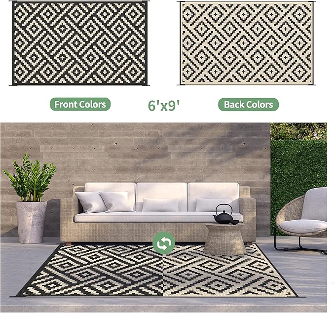 GENIMO Outdoor Rug for Patio Clearance,6'x9' Waterproof Mat,Reversible Plastic Camping Rugs,Rv,Deck,Porch,Camper,Balcony,Backyard (Black & Beige)