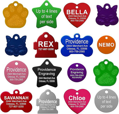 Providence Engraving Pet ID Tags - Small or Large Personalized Anodized Aluminum Pet Tags in Bone, Round, Star, Heart, Hydrant, Paw and Cat Face Shapes and 9 Colors for Dog and Cat