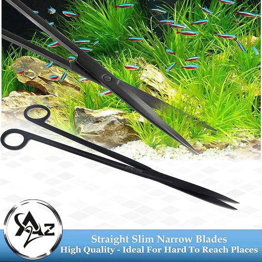 A2Z-Aquascaping Maintenance Tools Accessories,Anti-Rust Stainless Steel Tweezers Scissors Spatula for Aquarium Tank Clean, Fish Tank, Bonsai, Algae Scrapers (12" Scissors - Straight - Black)