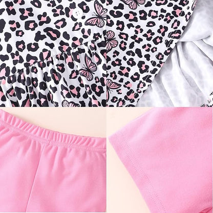 Toddler Baby Girls Summer Clothes Outfits Ruffled Sleeve Dinosaur Shirt Leopard Tops and Shorts Pants Sets 2PCS