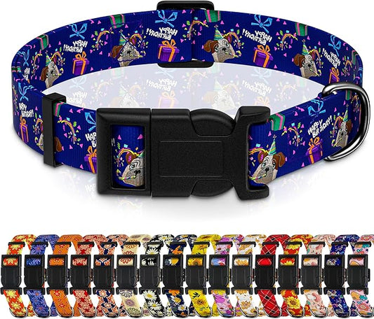 Dog Collar, Classical Birthday Gift Boys Girls Puppy Collar for Small Medium Large Dogs, Adjustable Soft Pet Collar with Safety Buckle for Male Females(Purple Birthday, XS)