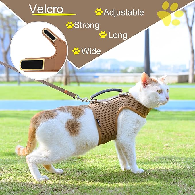 Cat Harness and Leash for Walking Escape Proof Breathable Mesh Fabric, Solid Brown, XX-Large, Adjustable Cat Walking Jackets with Handle, Padded Stylish Cat Vest