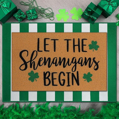 Tinideya 2 Pcs Irish Festival Door Mat Fest Welcome Non Slip Coir Mats Shenanigans Green White Stripe Floor Layering Doormats Seasonal for Front Porch Entryway Decor(Irish Festival)
