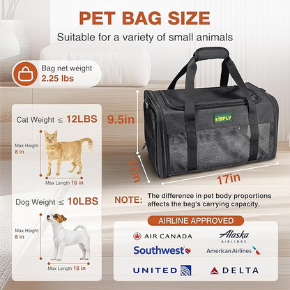 Airline Approved Cat and Small Dog Carrier 17"x11"x9.5"– Soft-Sided, Foldable Under-Seat Travel Bag for Pets up to 12 lbs, Top-Loading, Scratch-Resistant Mesh, Black
