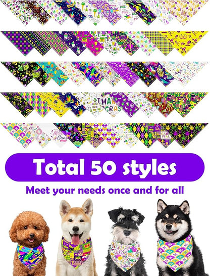 PET SHOW 50 Pack Mardi Gras Dog Bandanas Bulk for Extra Large XL Dogs Washable Adjustable Pet Scarf Triangle Bibs for Dogs Green Yellow Purple Decorative Grooming Accessories