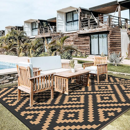 GENIMO Outdoor Rug Waterproof, 10' x 10' Reversible Plastic Straw Rugs, Lightweight Large RV Camping Mat for Patio, Deck, Camper, Balcony, Backyard, Picnic, Black & Brown
