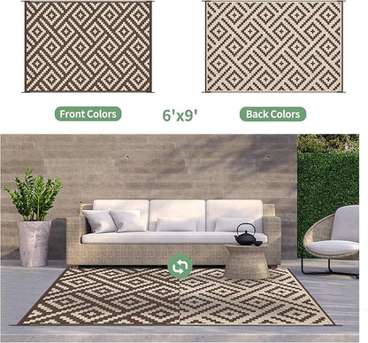 GENIMO Outdoor Rug for Patio Clearance, 6'x9' Waterproof Camping Mat, Reversible Plastic Straw Rugs for RV, Camper, Balcony, Backyard, Picnic, Deck (Coffee & Beige)