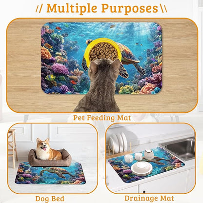 Sea Turtle Dog Cat Food Mat,Colorful Coral Absorbent Waterproof Placemat for Food and Water Non Slip Rubber Backing Durable Feeding Pad for Clean Floors 12" x 20"