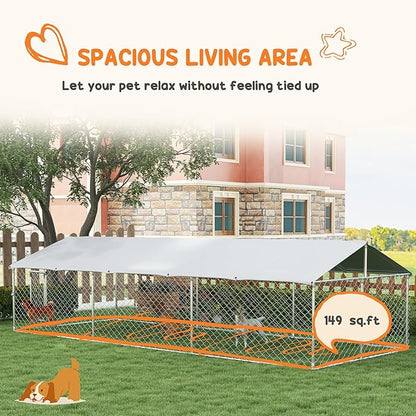 PawHut Outdoor Dog Kennel, Heavy Duty Dog Run Outdoor Fence with Waterproof Cover, Galvanized Chain Link, Secure Lock, for Large Sized Breeds, Chickens, Ducks, 20' x 7.5' x 5'