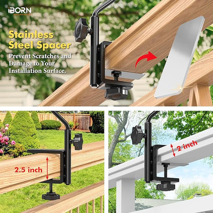 iBorn Bird Bath for Outside,Deck Mounted Bird Bath 12in，Birds Baths for Outdoors with Adjustable Clamp 3.2in，BPA-Free Bowl，360°Swivel & Adjustable Height Bracket，Detachable Birds Baths, Pack of 1