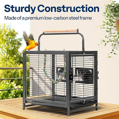 VIVOHOME 19 Inch Wrought Iron Bird Travel Carrier Cage for Parrots Conures Lovebird Cockatiel Parakeets Black