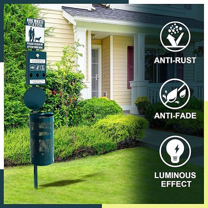 Qinyoung Dog Waste Station Galvanized Steel Outdoor Pet Bin with Poop Bag Dispenser Reflective Sign Rust Proof for Backyard Commercial Park(Green)