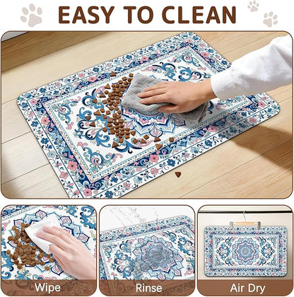 Dog Food Mat for Bowls, Absorbent Quick Dry Dog Cat Mats for Food and Water, Non-Slip Backing Pet Mat Pet Supplies - Blue Vintage Floral Pattern
