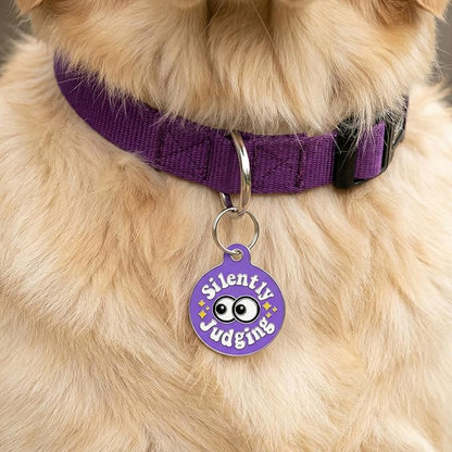 Bad Tags Personalized Dog and Cat ID Tags in 25+ Designs and 2 Sizes - 5 Lines of Custom Engraved Text - Funny Cute Personalized Pet Tags (Silently Judging - Purple, Large (1.25 inch))