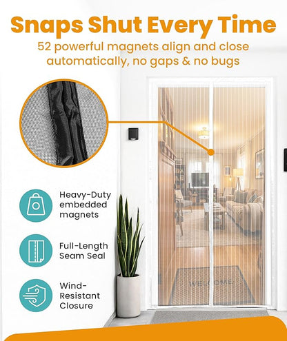 Flux Phenom Magnetic Screen Door Mesh 38x82 Inch – Easy Install, Strong Magnet Strength, Self-Sealing Mesh, Pet Tested, Hands-Free Entry, Door Screen Magnetic Closure, Keeps Bugs Out - White