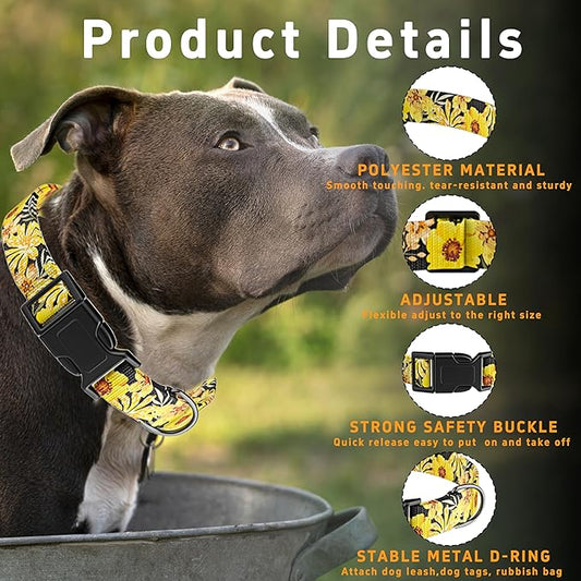 Dog Collar for Boys & Girls, Adjustable Soft Pattern Pet Collar with Safety Buckle for Small to Large Dogs (Yellow Floral, L)