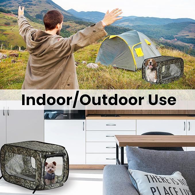 Beatrice Home Fashions Portable, Collapsible, Pop Up Kennel Travel Cat and Dog Crate, 36" L x 22" W x 22" H, Camo Green