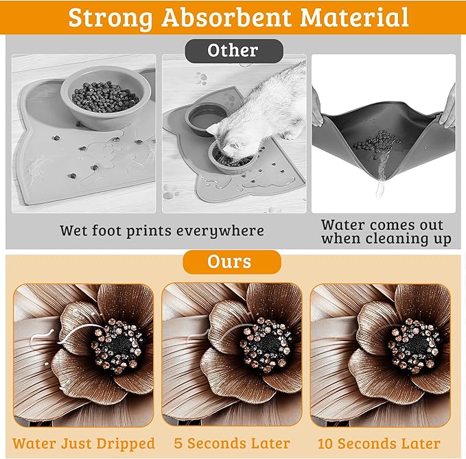 Black Brown Flower Feeding Mat,Artistic Absorbent Quick-Dry Cat Dog Food and Water Bowl Mats,Non-Slip Rubber Backing Mat,Cat Dog Accessories Supplies 16" x 24"